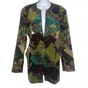 Vintage 80s Bestini Green Black Floral Patchwork Velvet Blazer Jacket
